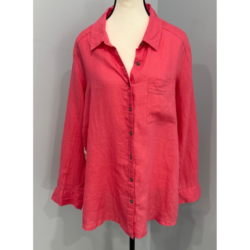 Karyn Seo Coral Pink Linen Floral Mixed Media Button Front Tunic Top Large